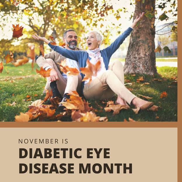 Couple throwing leaves with the text "November is Diabetic Eye Disease Awareness Month"